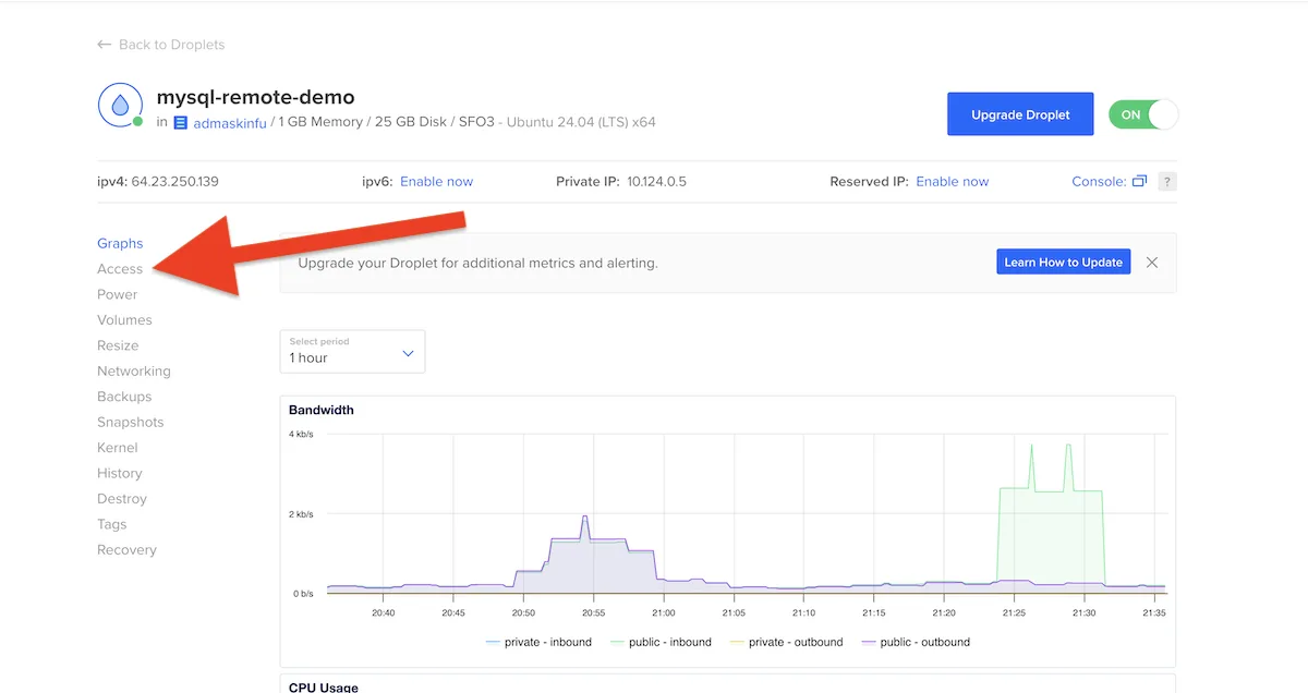 DigitalOcean droplet access console option