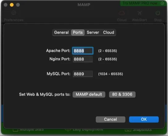 MAMP port settings on Mac