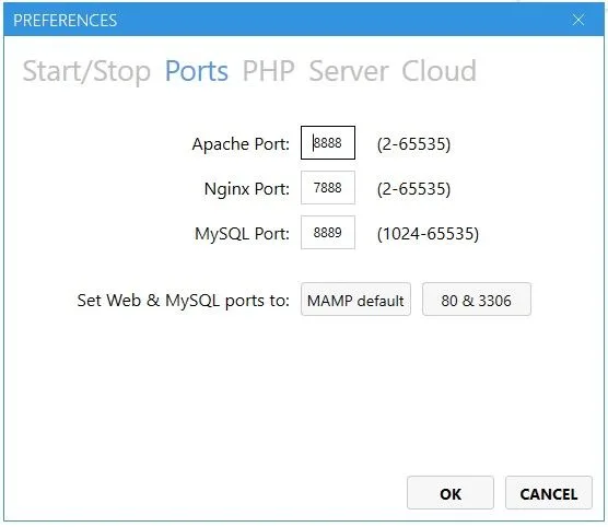 MAMP port settings on Windows